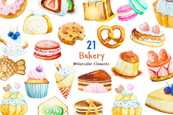 20 Elements Bakery Watercolor Clipart and Illustrations