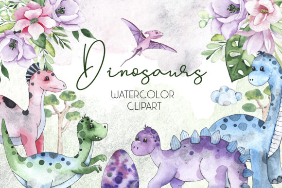 Dinosaurs. Watercolor Clipart Illustrations