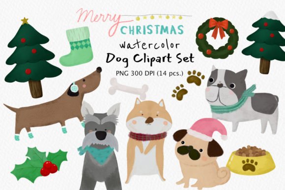 Dog Winter Fashion Clipart, Watercolour Illustrations