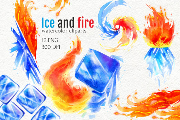 Ice and Fire, Watercolor Clipart PNG Illustrations