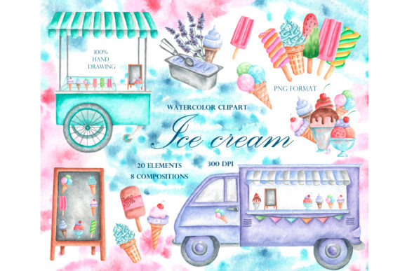 Ice Cream Watercolor Clipart. Dessert. Illustrations
