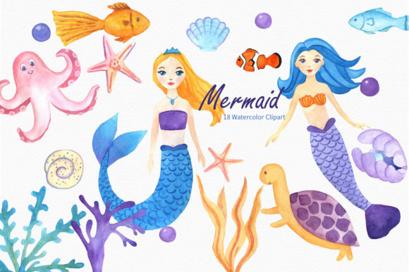 Mermaid Watercolor Clipart Fish Sea Life Illustrations