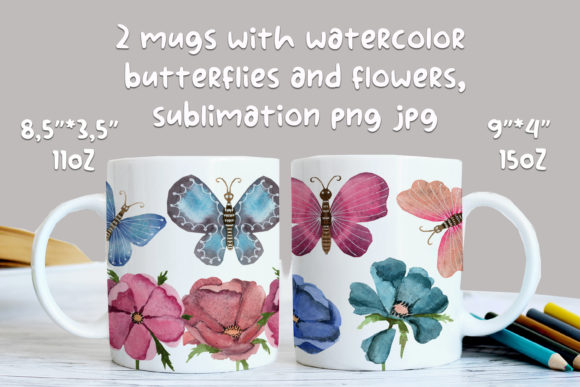 Mugs Watercolor Butterflies and Flowers Illustrations