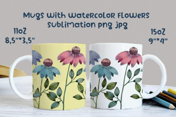 Mugs with Watercolor Flowers Sublimation and Illustrations