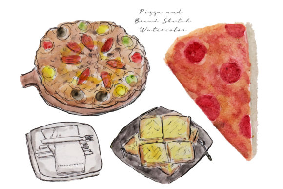 Pizza and Bread Food Sketch Watercolor Illustrations