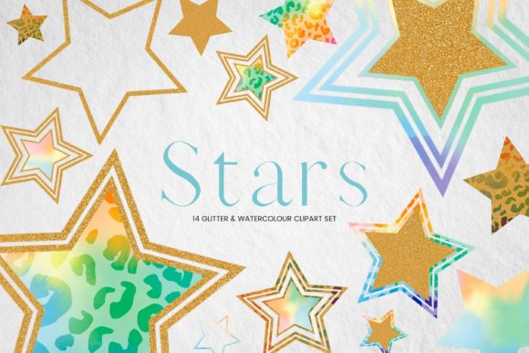 Rainbow Watercolor and Glitter Stars Illustrations