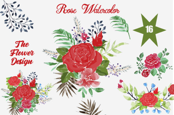 Red Blue Floral Watercolor Bouquets Illustrations