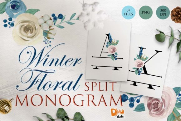 Split Monogram Winter Floral Watercolor Illustrations
