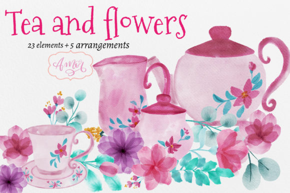 Tea and Flowers Watercolor Clipart