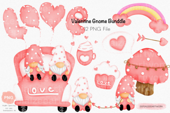 Valentine Gnome Couple Car Watercolor Illustrations