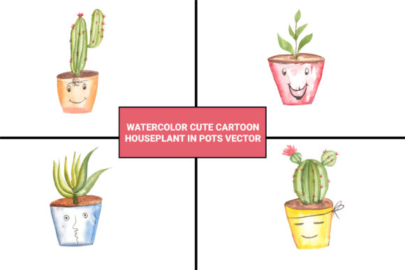 Watercolor Cartoon Houseplant in a Pot Illustrations