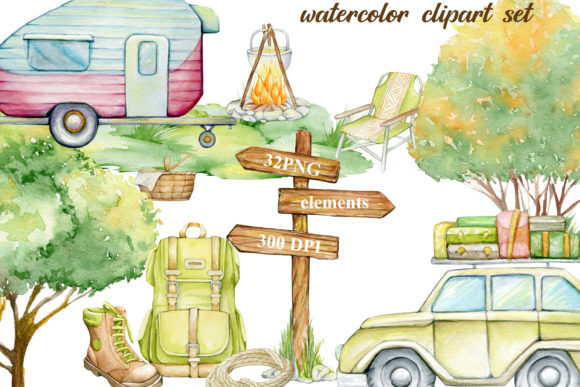 Watercolor Clipart, Fall Camping Illustrations