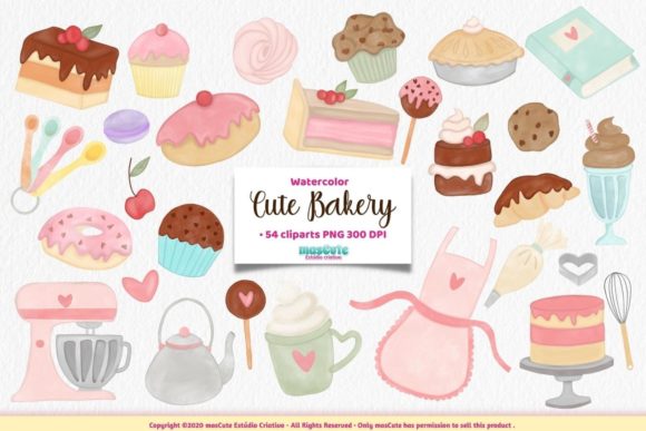 Watercolor Cute Bakery Cliparts and Illustrations