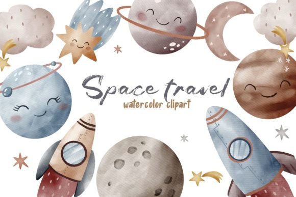 Watercolor Cute Little Space Clipart PNG and Illustrations