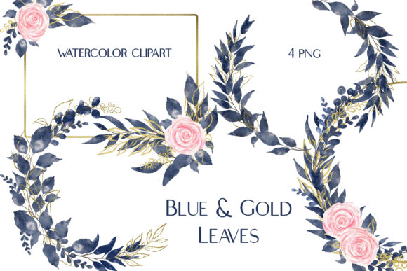 Watercolor Frames Roses and Blue Leaves Illustrations