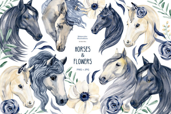 Watercolor Horses and Flowers Clipart Illustrations