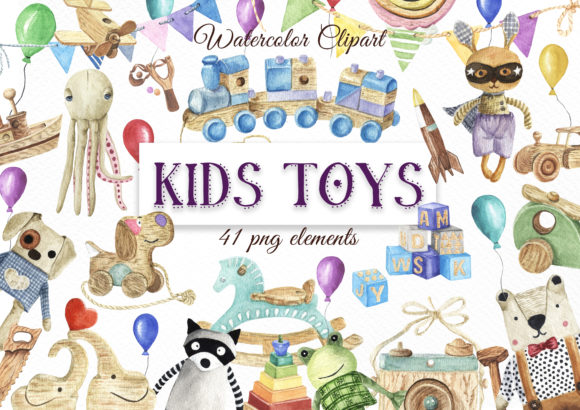 Watercolor Kids Toys Clipart