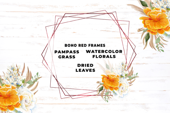 Watercolor Pampas Grass Red Frames Illustrations