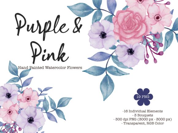 Watercolor Purple Pink Flowers Illustrations