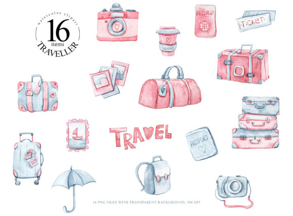 Watercolor Travel Clipart- 16 Png Files