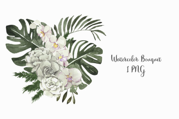 Watercolor Tropical Bouquet with White Illustrations