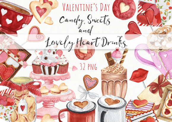 Watercolor Valentines Day Sweets Clipart and Illustrations