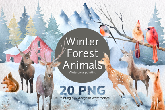 Watercolor Winter Forest Animals PNG and Illustrations