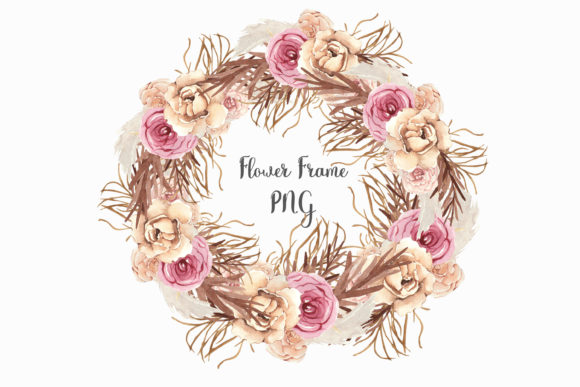 Watercolor Wreath with Boho Flowers Illustrations