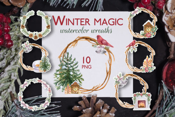 Winter Magic. Watercolor Wreaths Illustrations