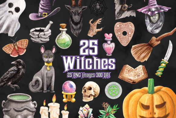 Witch Halloween Watercolor Clipart Png and Illustrations
